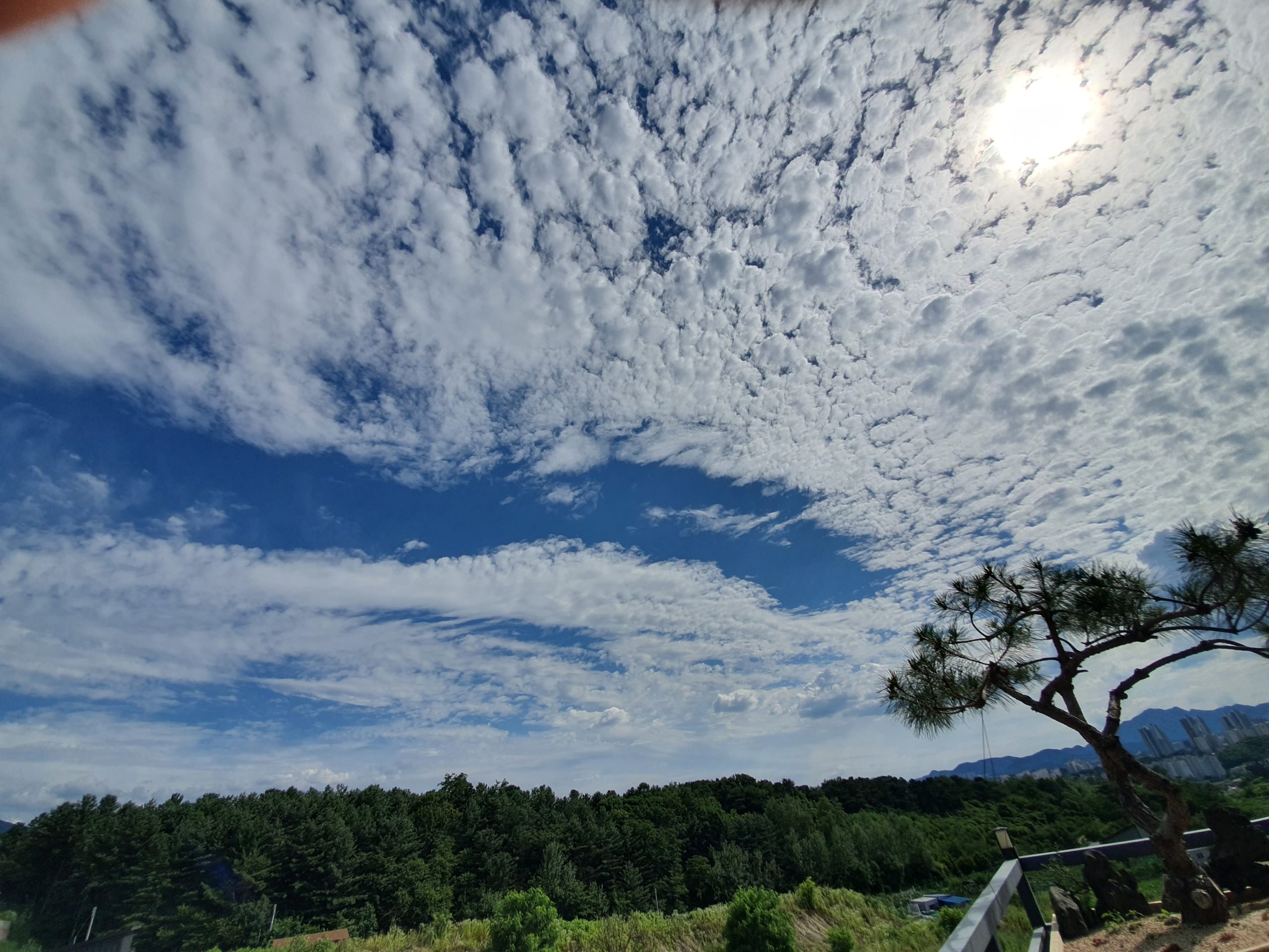 푸른 하늘에 흰 구름 펼쳐진 시골 전경.