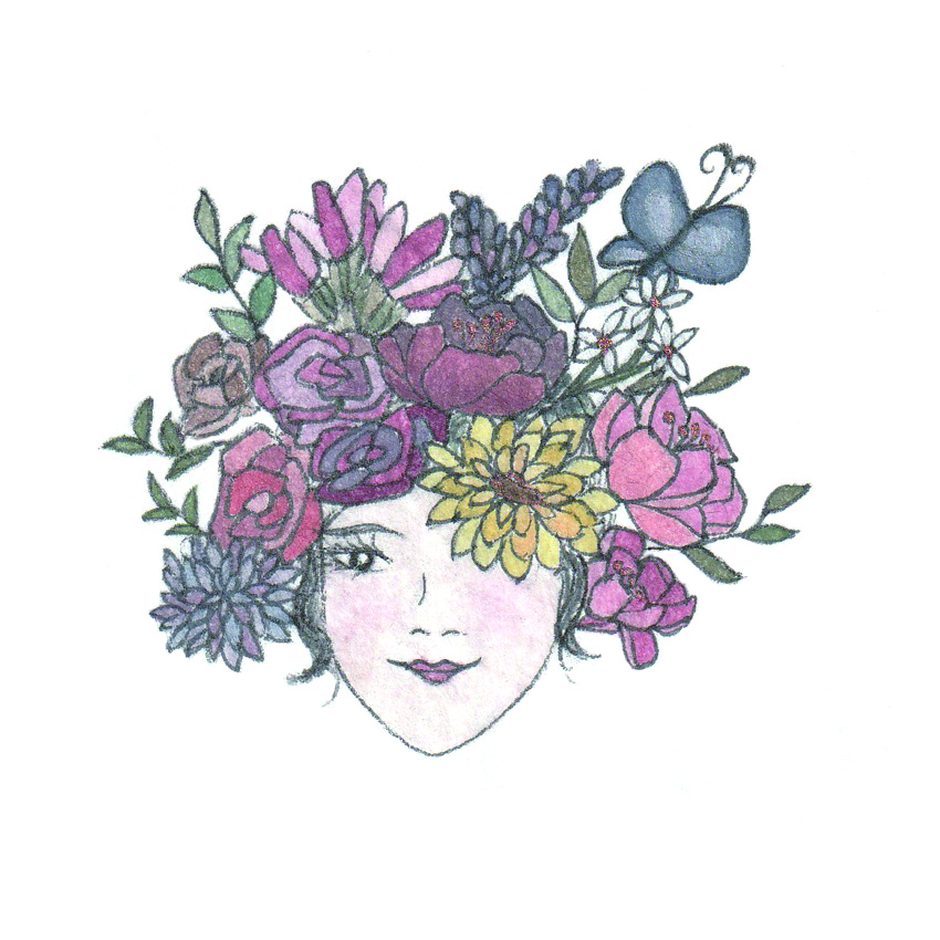 머리에 풍성한 꽃 화관을 쓴 수진의 얼굴 삽화.