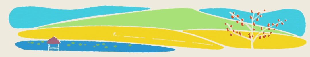 푸르른 산과 노란 들판을 배경으로 산들바람에 흔들리는 나무의 모습을 표현한 애니매이션.