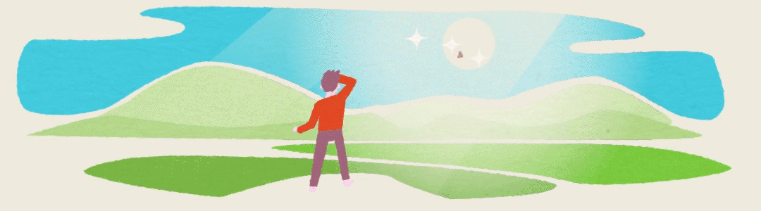 Animated gif of a cartoon man looking towards distant mountains and sun