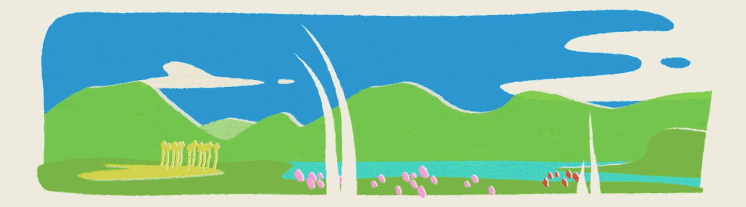 Animated gif of blades of grass and flowers swaying in the breeze with mountains and sky in the background