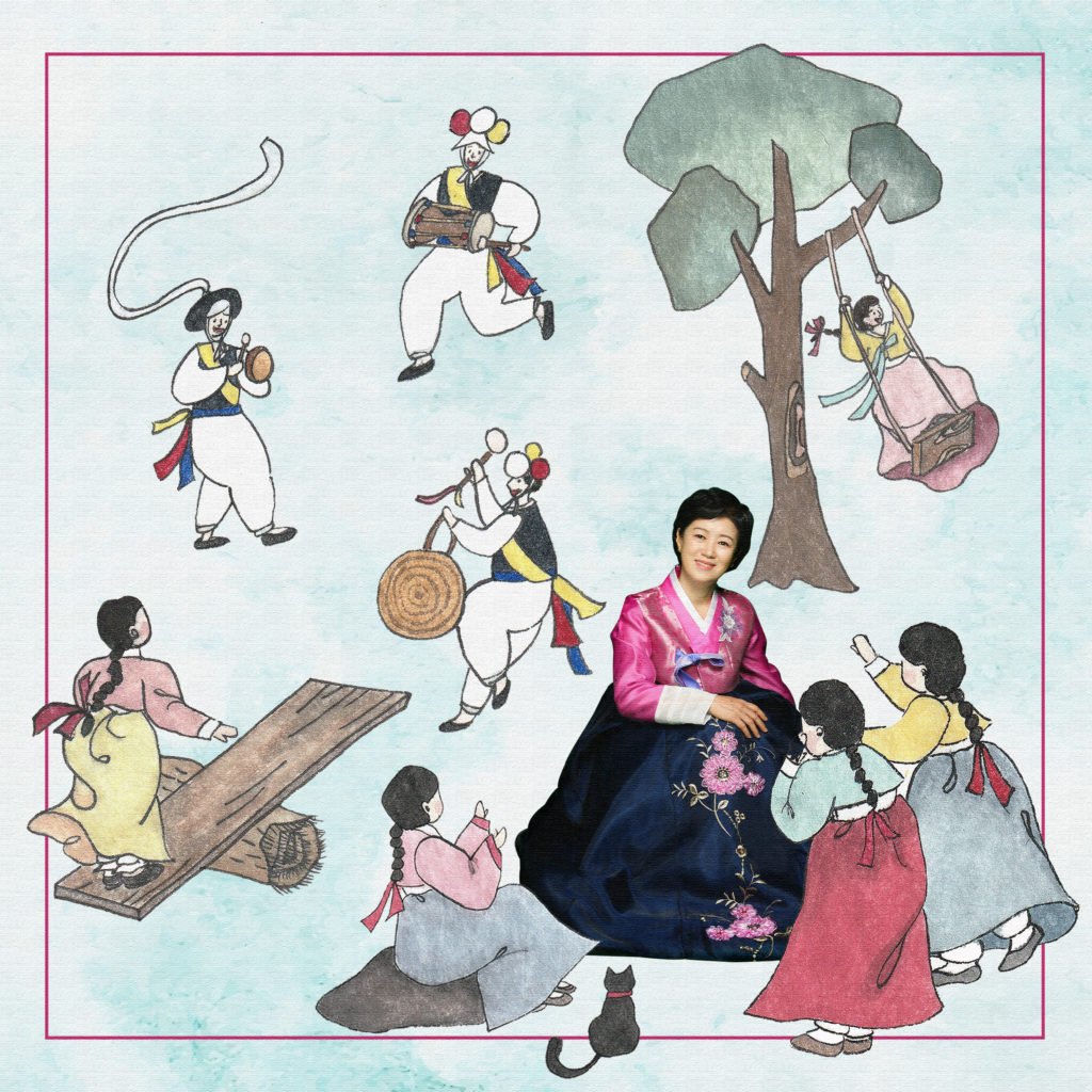 Heejeong sits wearing a traditional Korean dress. She is surrounded by illustrations of 8 people in traditional Korean clothes playing games and music.