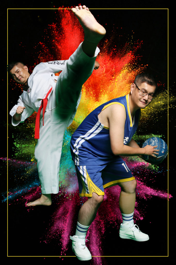Hobin in takewondo uniform doing a high kick and Hobin in a basketball jersey holding a basketball with a colourful background