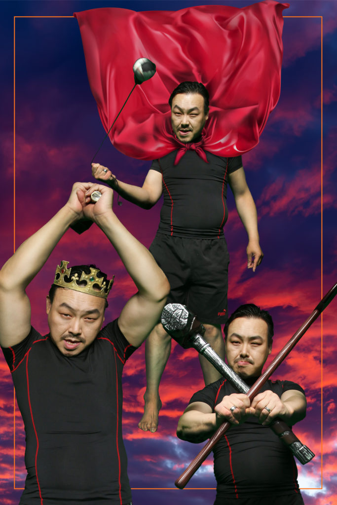 3 photos of Jongmin wearing a red cape and crown holding ancient weapons against a red and purple cloudy sky