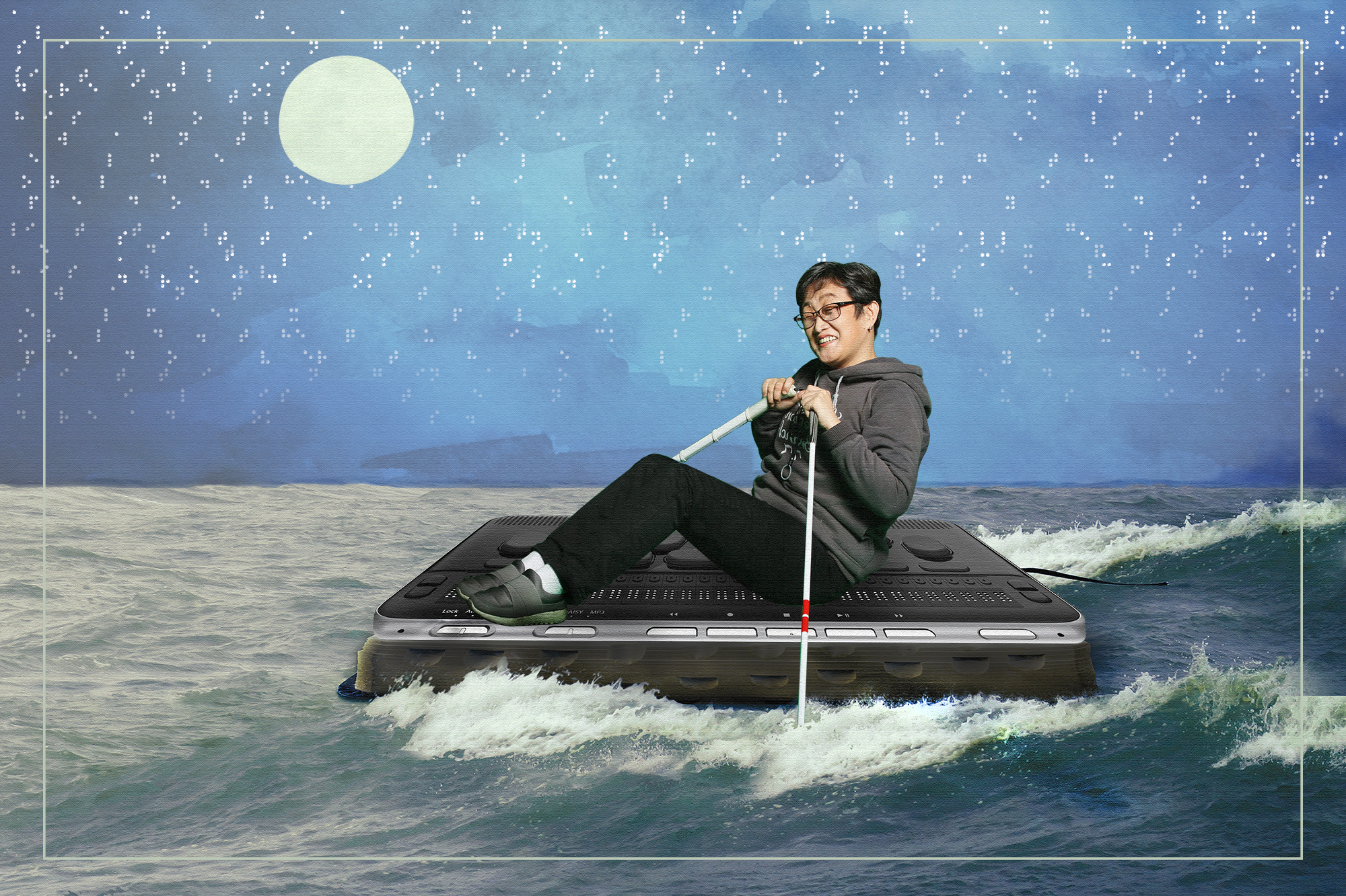 Collage of Miae on a braille device, floating on the ocean, using walking sticks as oars. A moon and braille symbols in the background.
