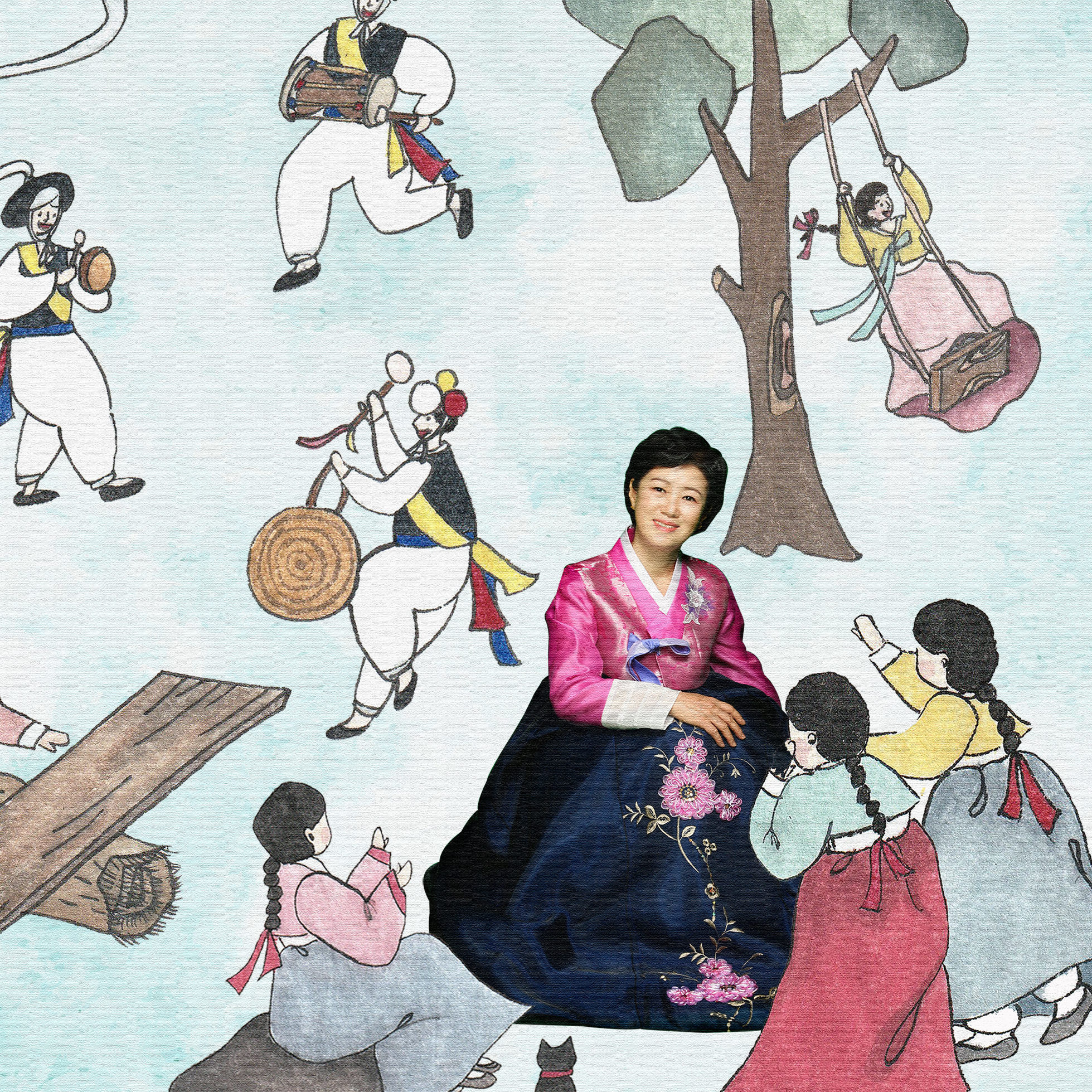 Heejeong sits wearing a traditional Korean dress. She is surrounded by illustrations of 8 people in traditional Korean clothes playing games and music.