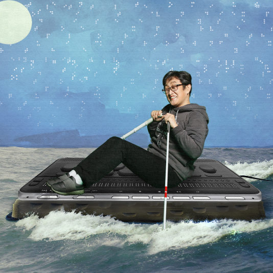 Collage of Miae on a braille device, floating on the ocean, using walking sticks as oars. A moon and braille symbols in the background.