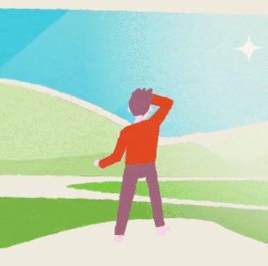 Screenshot of an animated gif featuring a cartoon man looking towards distant mountains and sun